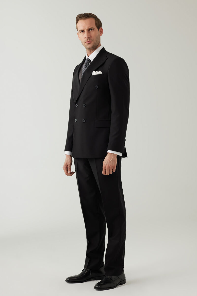 Erkek Siyah Regular Fit Yünlü Likralı Kruvaze Yaka Takım Elbise - 4