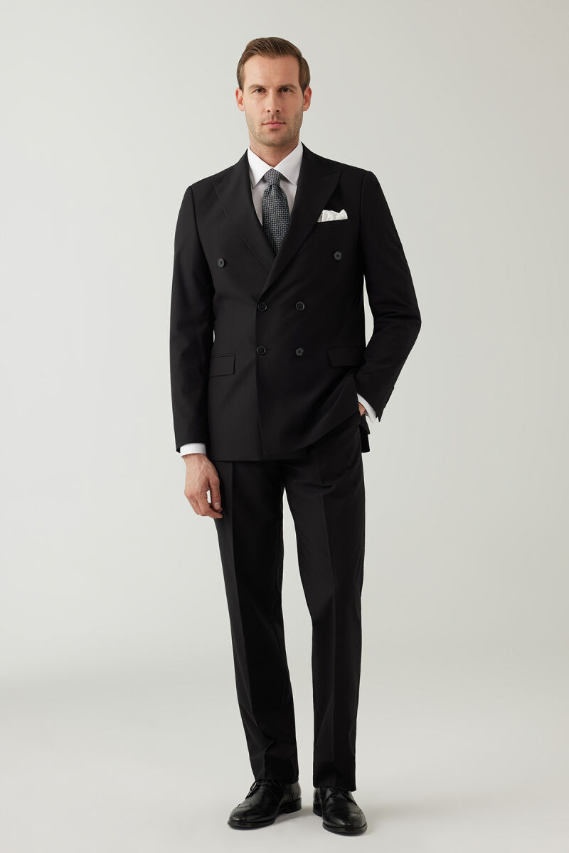 Erkek Siyah Regular Fit Yünlü Likralı Kruvaze Yaka Takım Elbise - 5