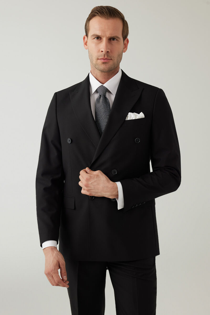 Erkek Siyah Regular Fit Yünlü Likralı Kruvaze Yaka Takım Elbise - 6