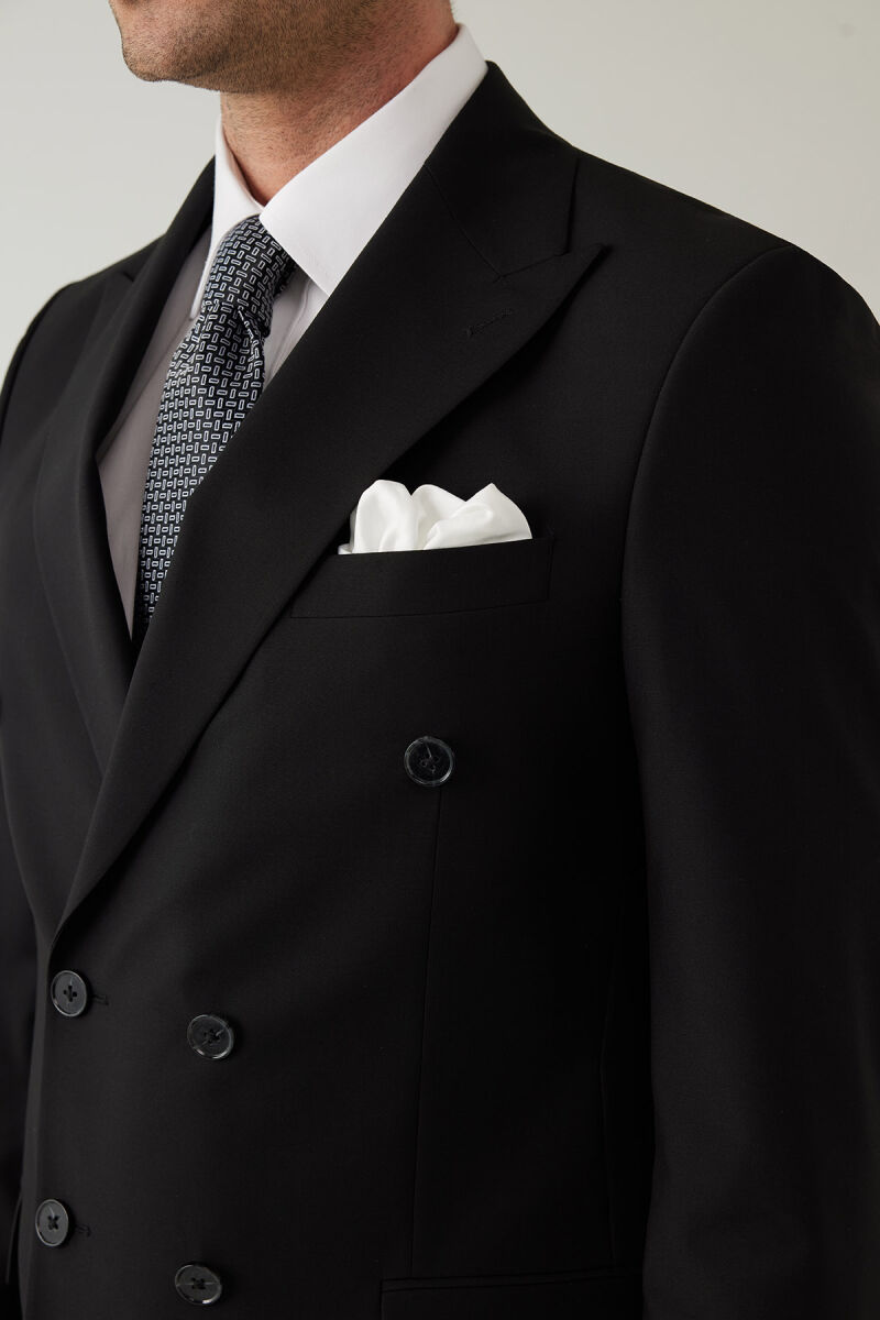 Erkek Siyah Regular Fit Yünlü Likralı Kruvaze Yaka Takım Elbise - 7