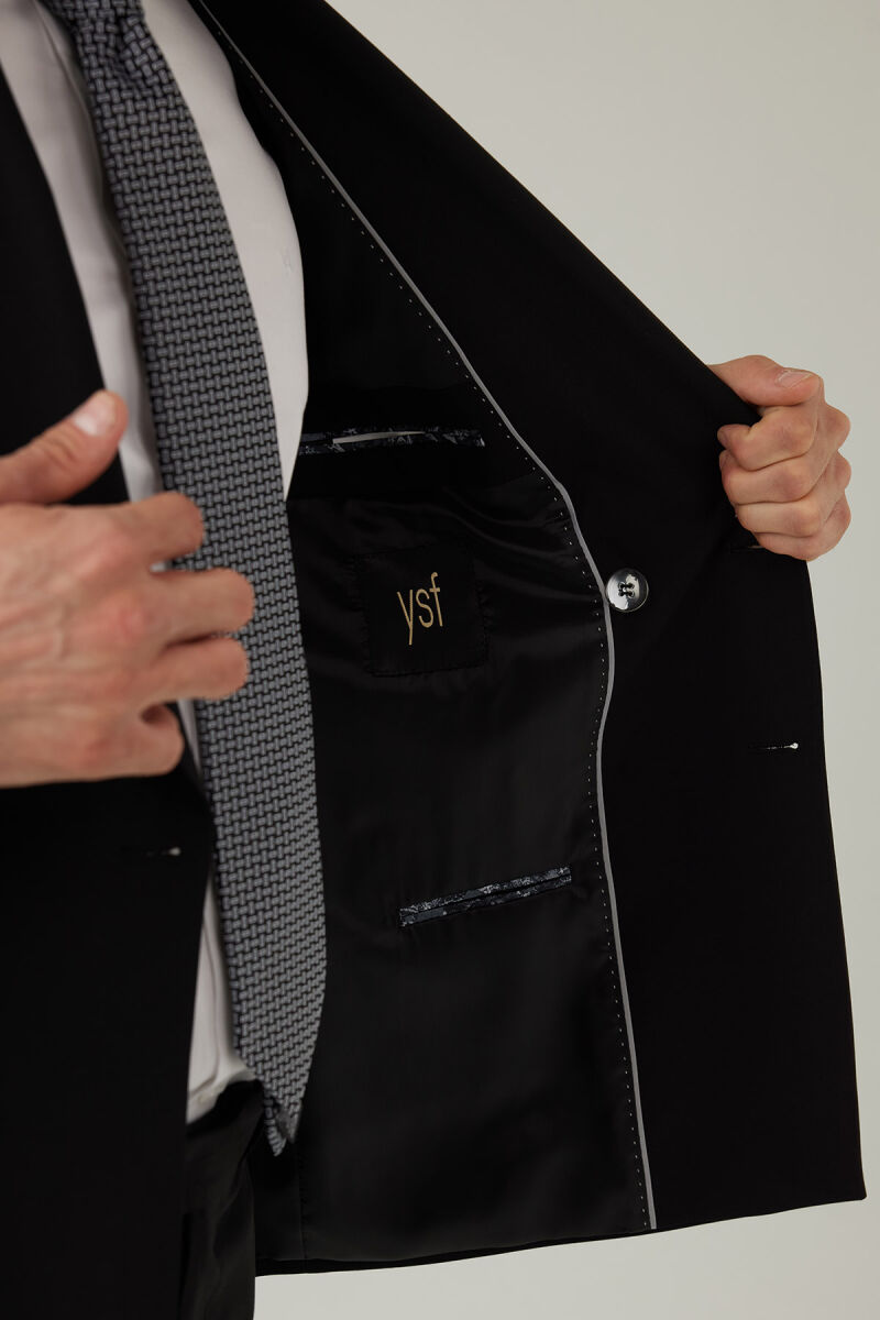 Erkek Siyah Regular Fit Yünlü Likralı Kruvaze Yaka Takım Elbise - 8