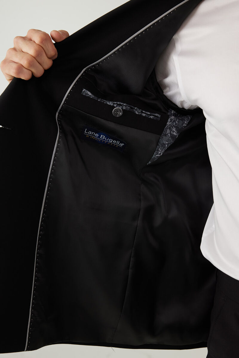 Erkek Siyah Regular Fit Yünlü Likralı Kruvaze Yaka Takım Elbise - 9