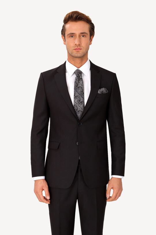 Erkek Siyah Regular Fit Yünlü Takım Elbise