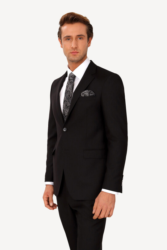 Erkek Siyah Regular Fit Yünlü Takım Elbise