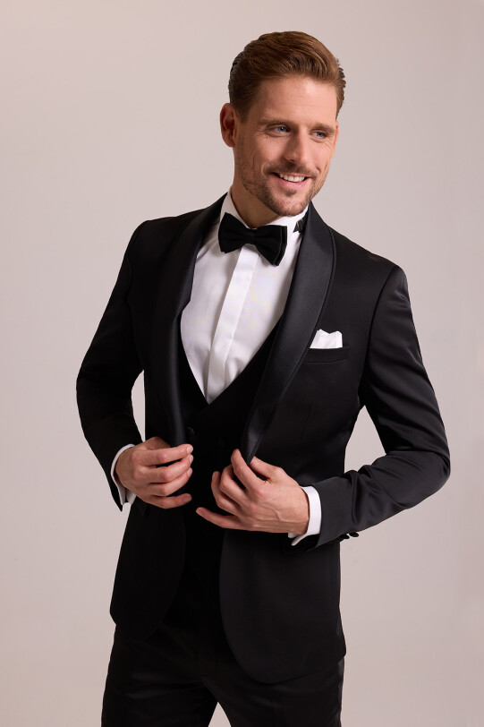 Erkek Siyah Şal Yaka Yelekli Slim Fit Damatlık