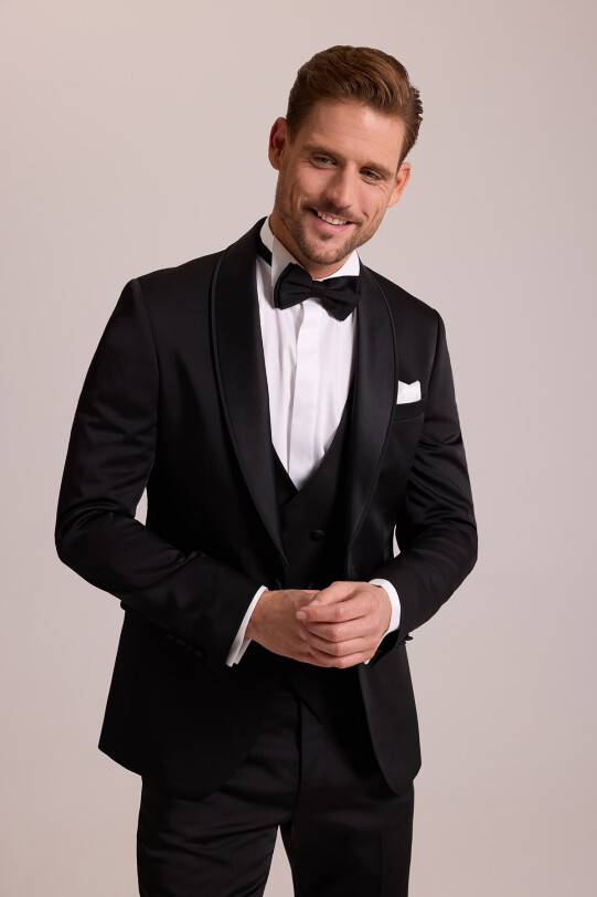 Erkek Siyah Şal Yaka Yelekli Slim Fit Damatlık