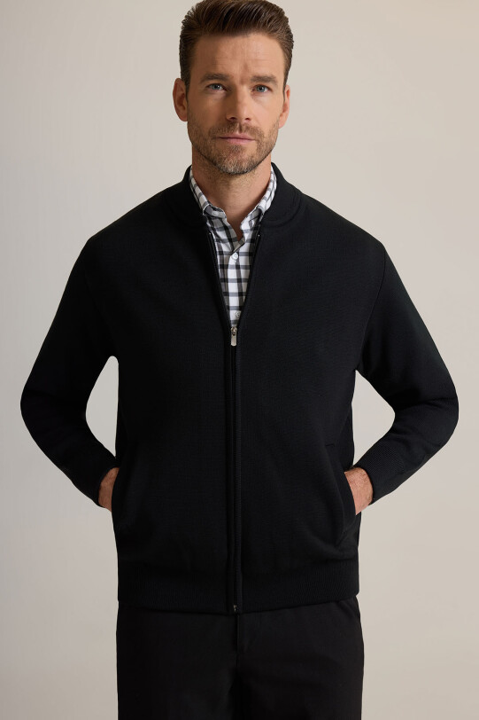 Erkek Siyah Sıfır Yaka İçi Astarlı Fermuarlı Triko Hırka