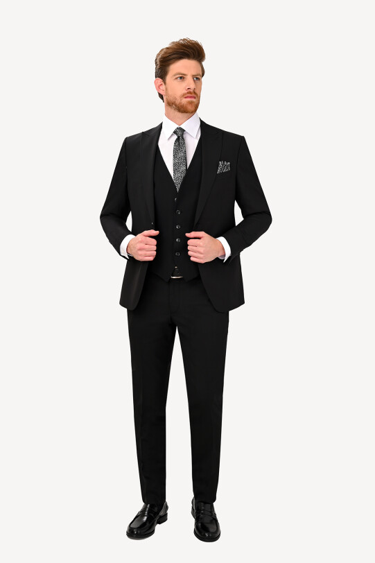 Erkek Siyah Sivri Yaka Yelekli Slim Fit Takım Elbise