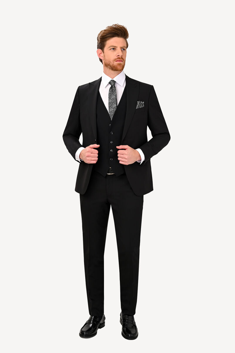 Erkek Siyah Sivri Yaka Yelekli Slim Fit Takım Elbise - 1