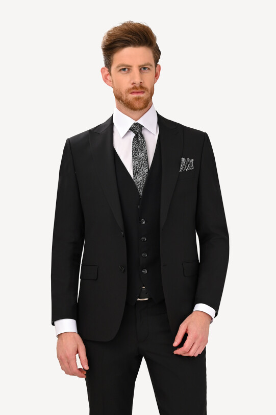 Erkek Siyah Sivri Yaka Yelekli Slim Fit Takım Elbise