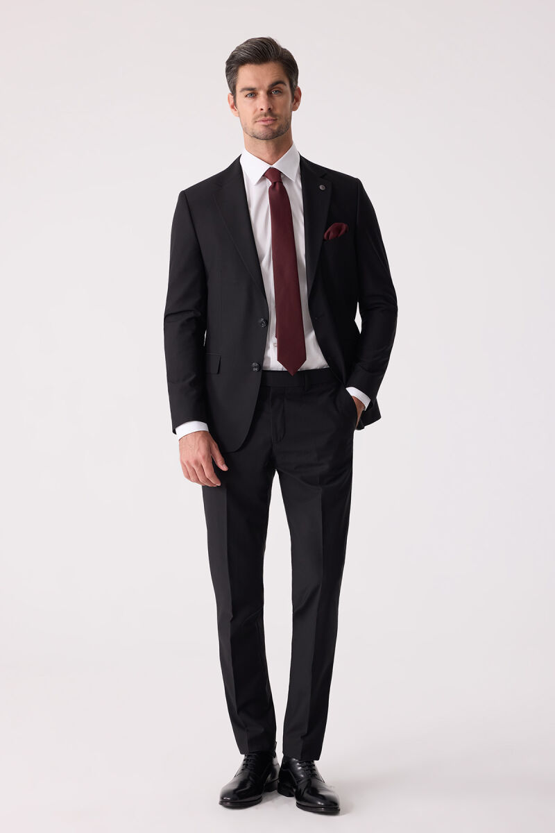 Erkek Siyah Slim Fit %100 Yün Takım Elbise - 1