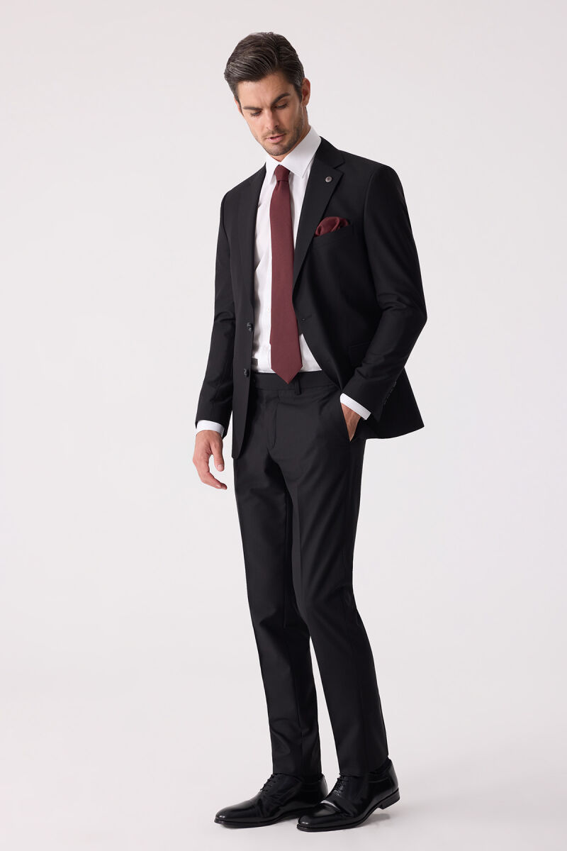Erkek Siyah Slim Fit %100 Yün Takım Elbise - 2