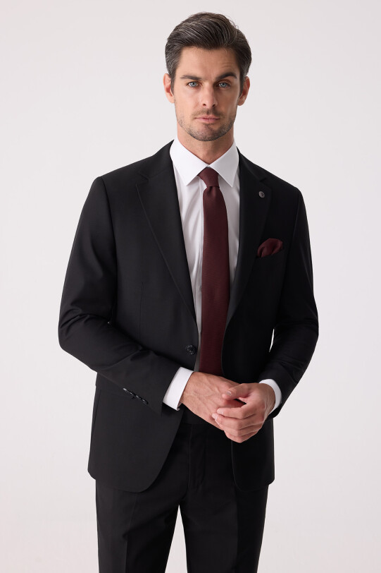 Erkek Siyah Slim Fit %100 Yün Takım Elbise