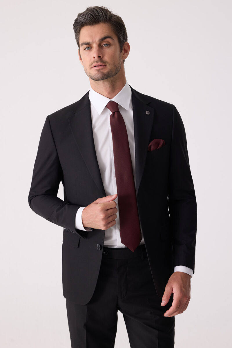 Erkek Siyah Slim Fit %100 Yün Takım Elbise - 4