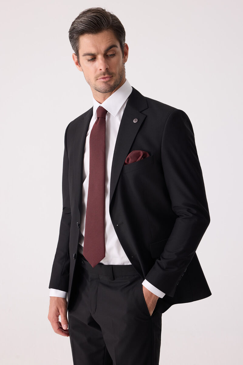 Erkek Siyah Slim Fit %100 Yün Takım Elbise - 7