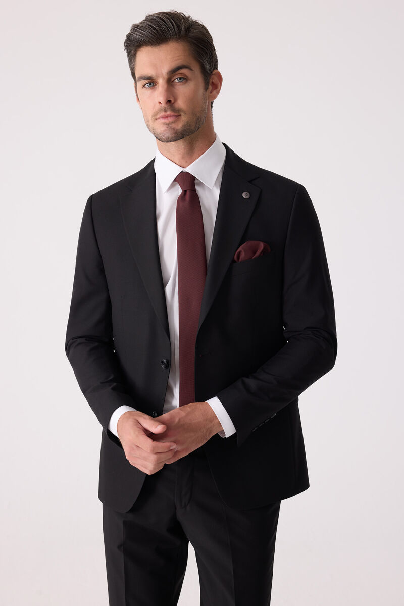 Erkek Siyah Slim Fit %100 Yün Takım Elbise - 8