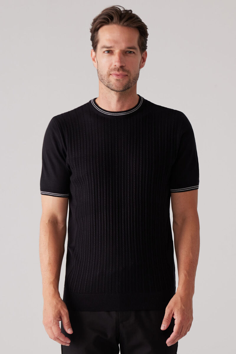 Erkek Siyah Slim Fit Bisiklet Yaka Çizgili Saç Örgü Kısa Kollu Tişört - 1