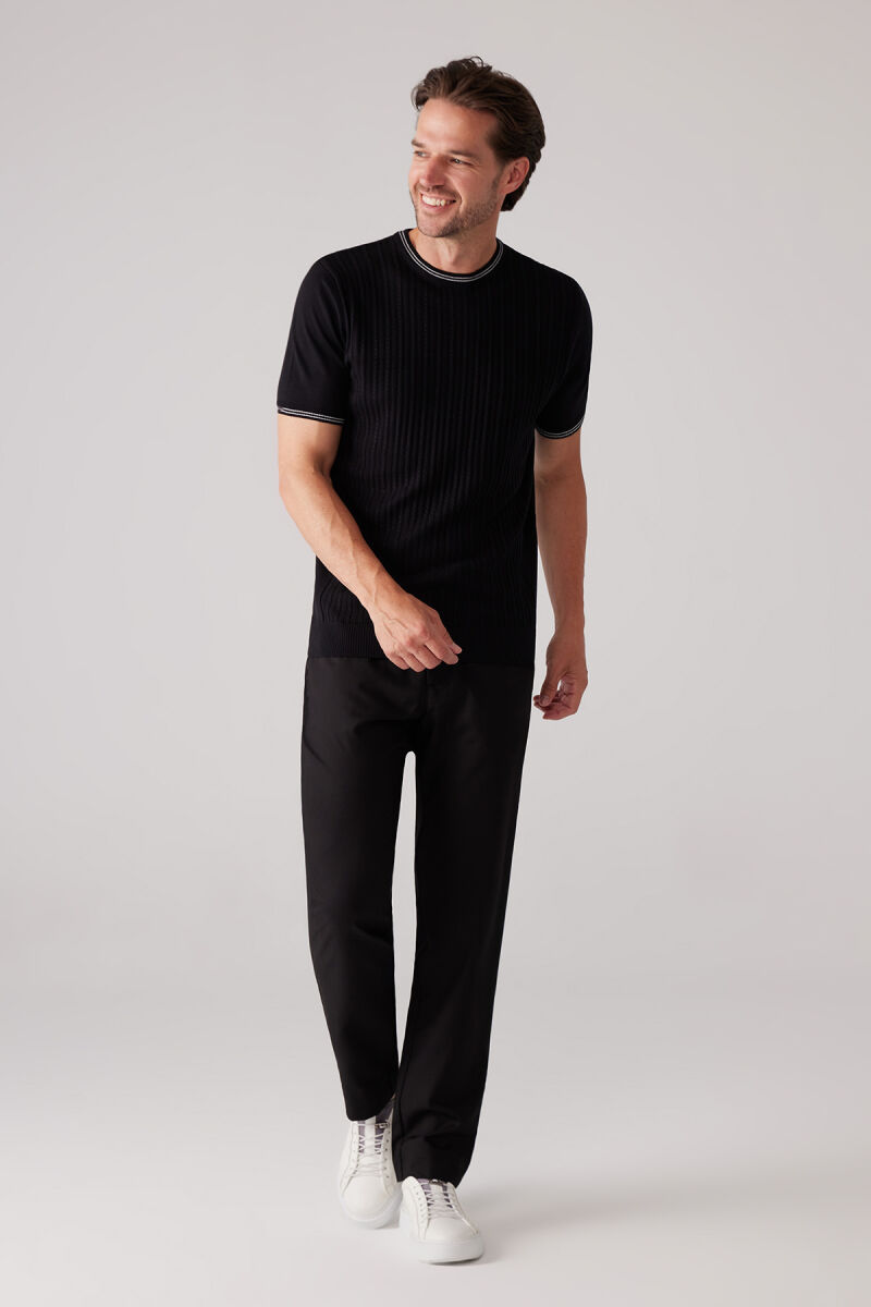 Erkek Siyah Slim Fit Bisiklet Yaka Çizgili Saç Örgü Kısa Kollu Tişört - 2
