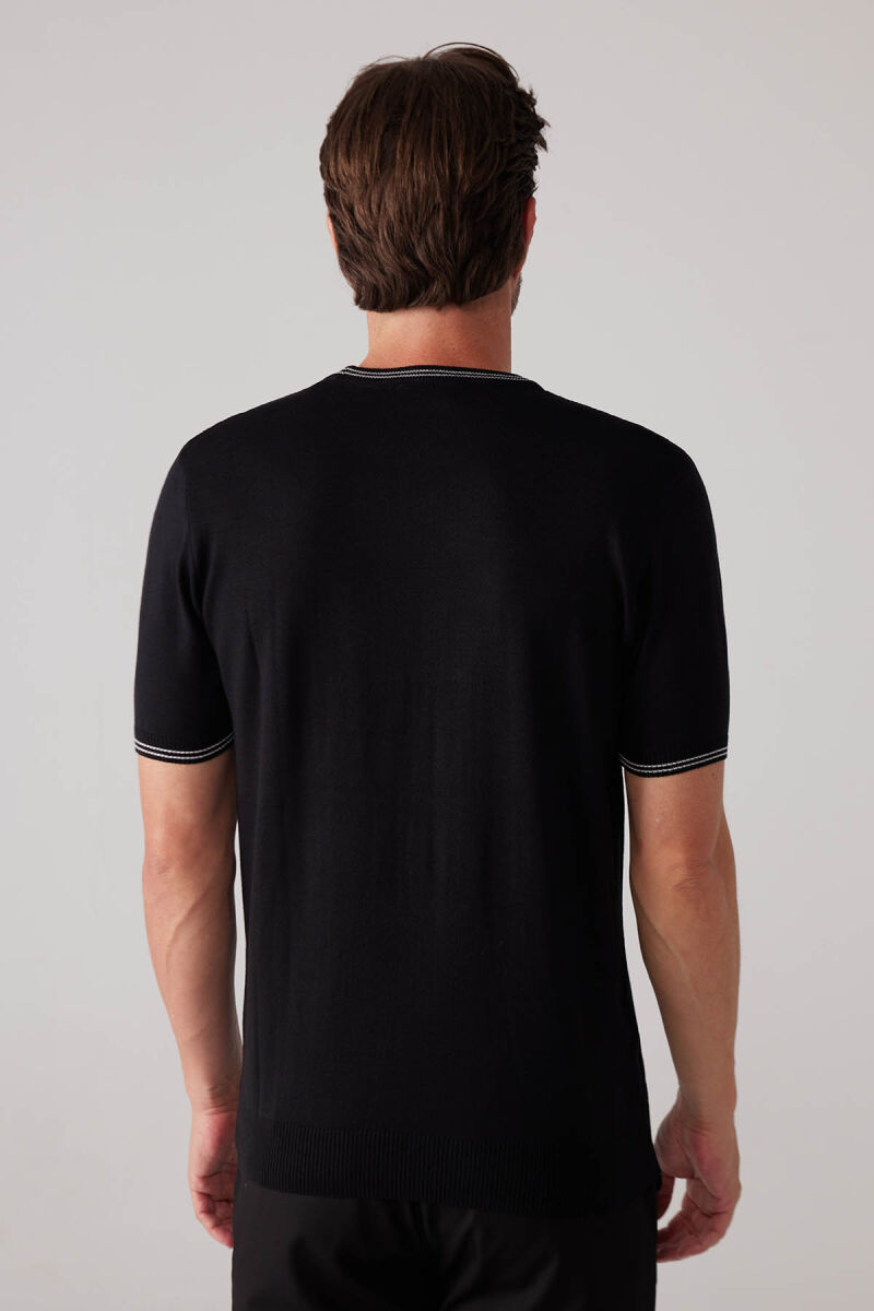 Erkek Siyah Slim Fit Bisiklet Yaka Çizgili Saç Örgü Kısa Kollu Tişört - 8
