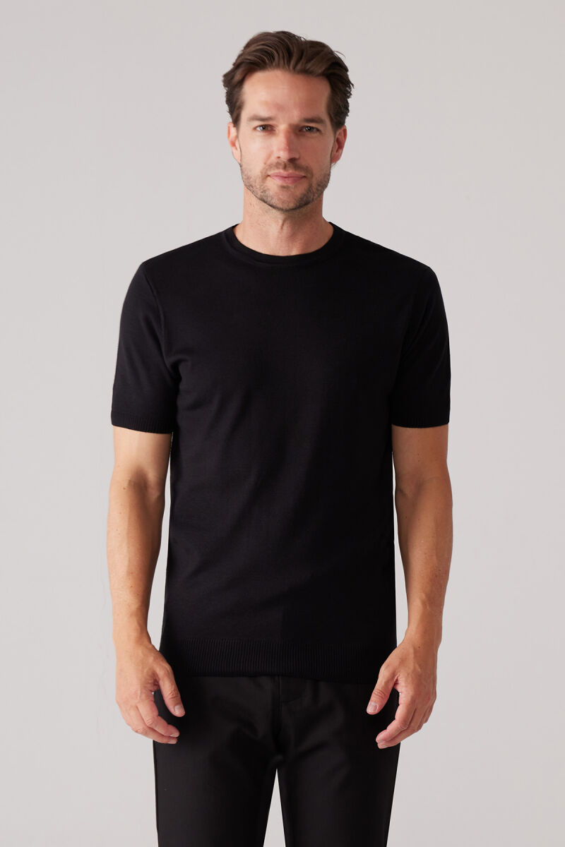 Erkek Siyah Slim Fit Bisiklet Yaka Yazlık Triko Tişört - 1