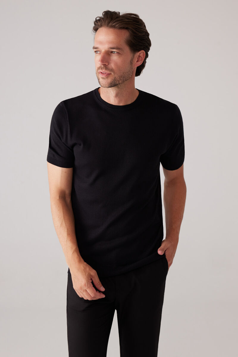 Erkek Siyah Slim Fit Bisiklet Yaka Yazlık Triko Tişört - 4