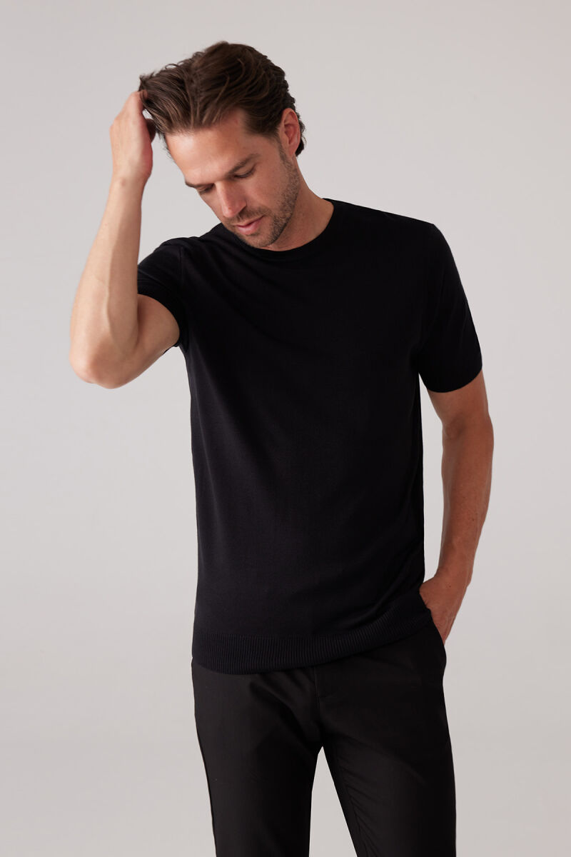 Erkek Siyah Slim Fit Bisiklet Yaka Yazlık Triko Tişört - 5