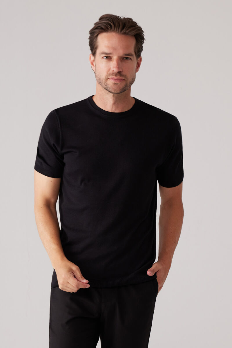 Erkek Siyah Slim Fit Bisiklet Yaka Yazlık Triko Tişört - 6