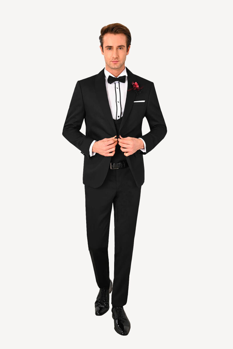 Erkek Siyah Slim Fit Çıkma Şalyaka Damatlık - 1