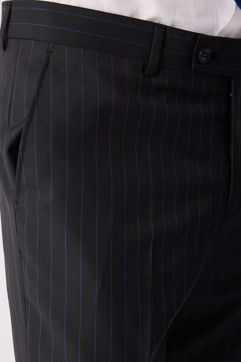 Erkek Siyah Slim Fit Çizgili %100 Yün Takım Elbise - 10