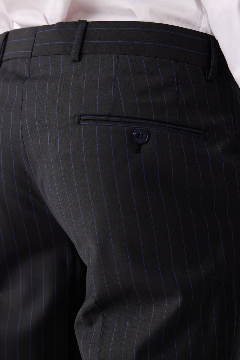 Erkek Siyah Slim Fit Çizgili %100 Yün Takım Elbise - 11