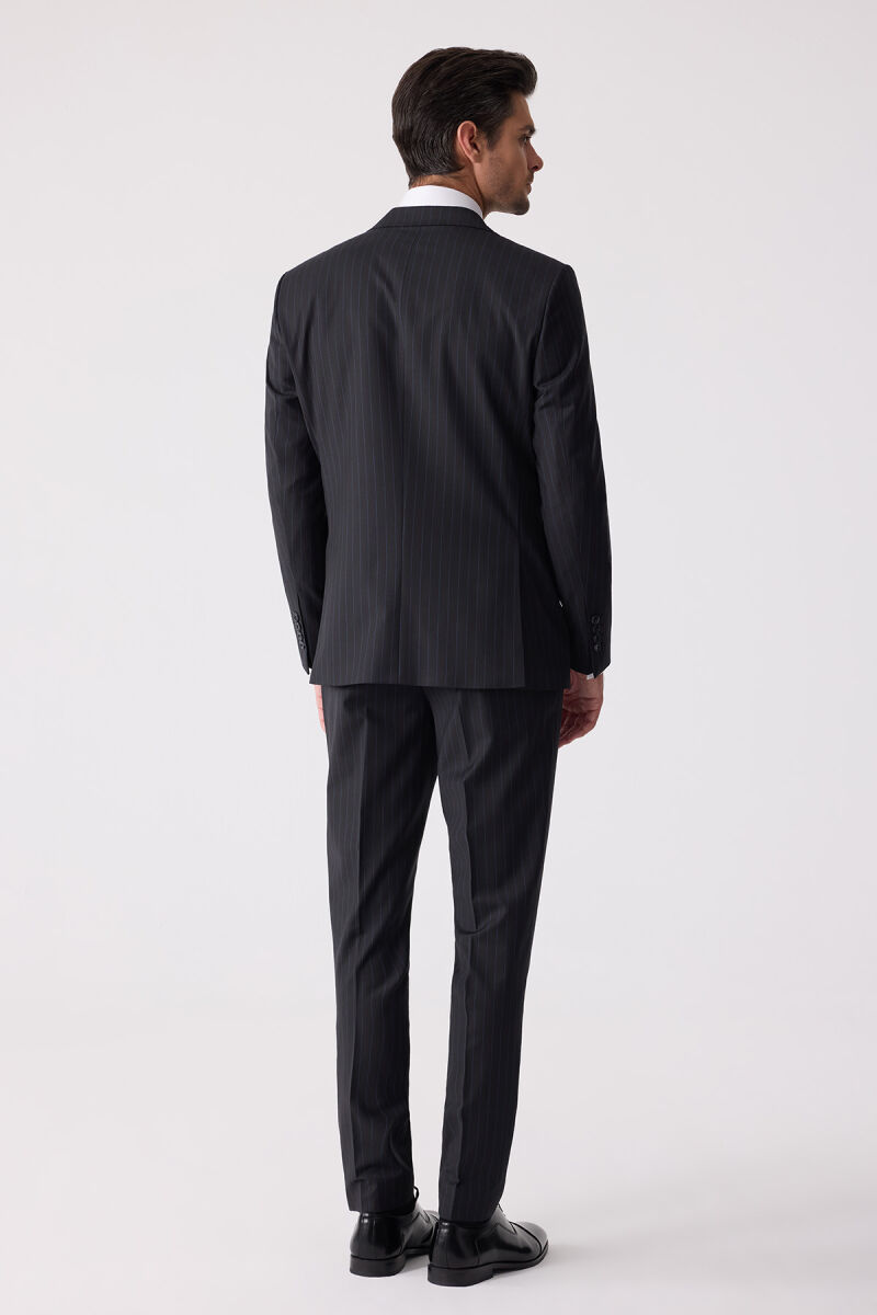 Erkek Siyah Slim Fit Çizgili %100 Yün Takım Elbise - 12