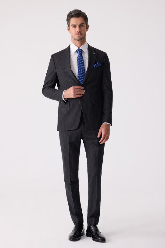 Erkek Siyah Slim Fit Çizgili %100 Yün Takım Elbise