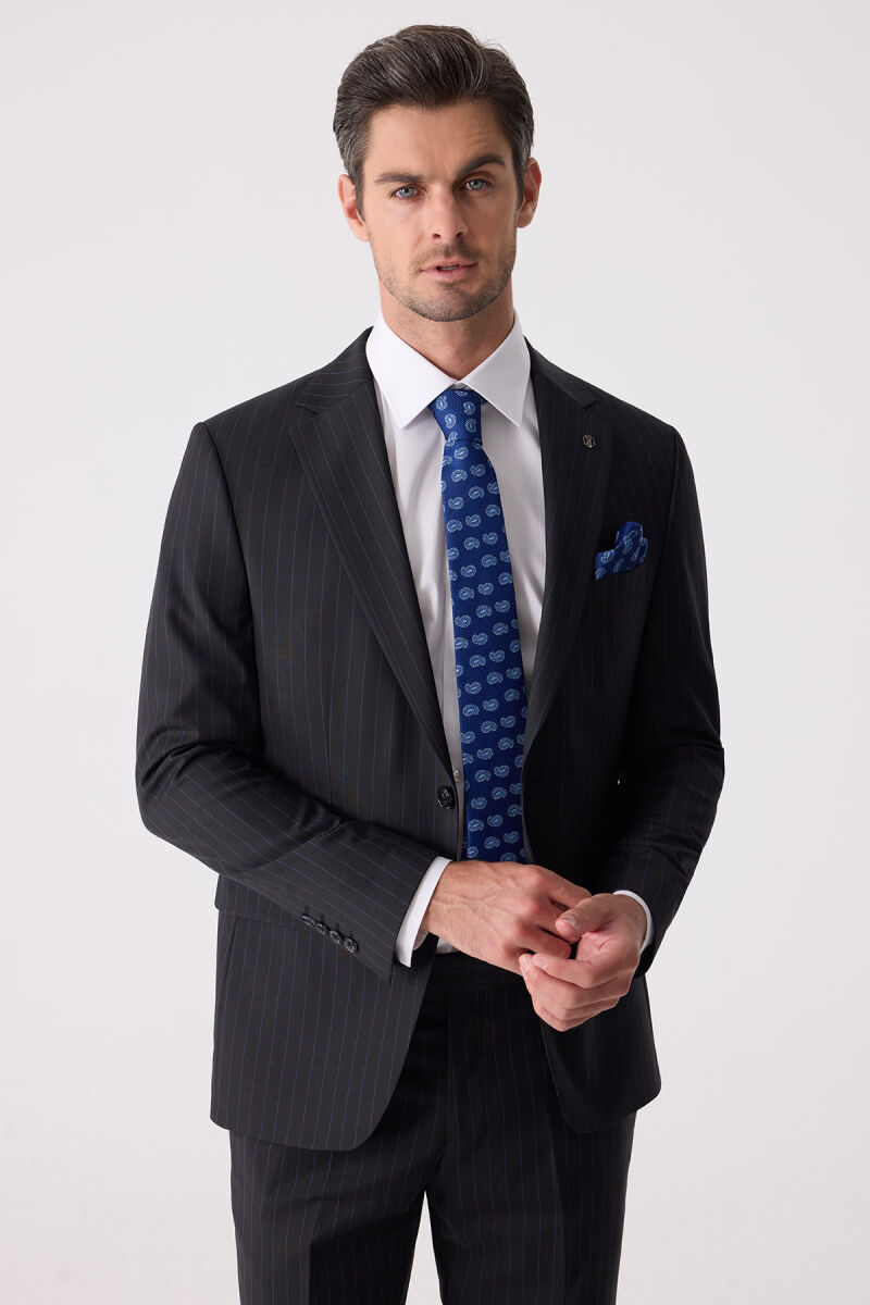 Erkek Siyah Slim Fit Çizgili %100 Yün Takım Elbise - 3