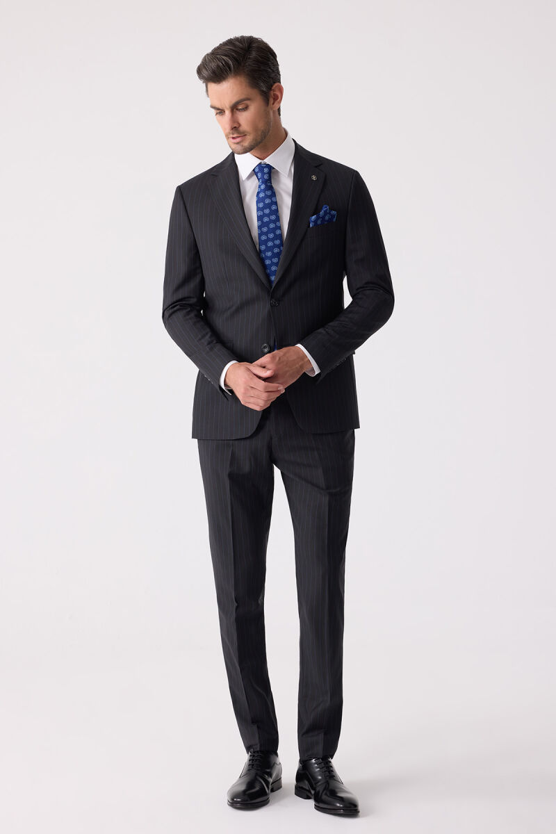 Erkek Siyah Slim Fit Çizgili %100 Yün Takım Elbise - 5
