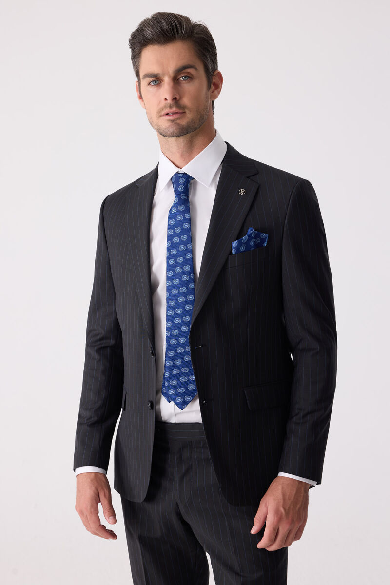 Erkek Siyah Slim Fit Çizgili %100 Yün Takım Elbise - 6