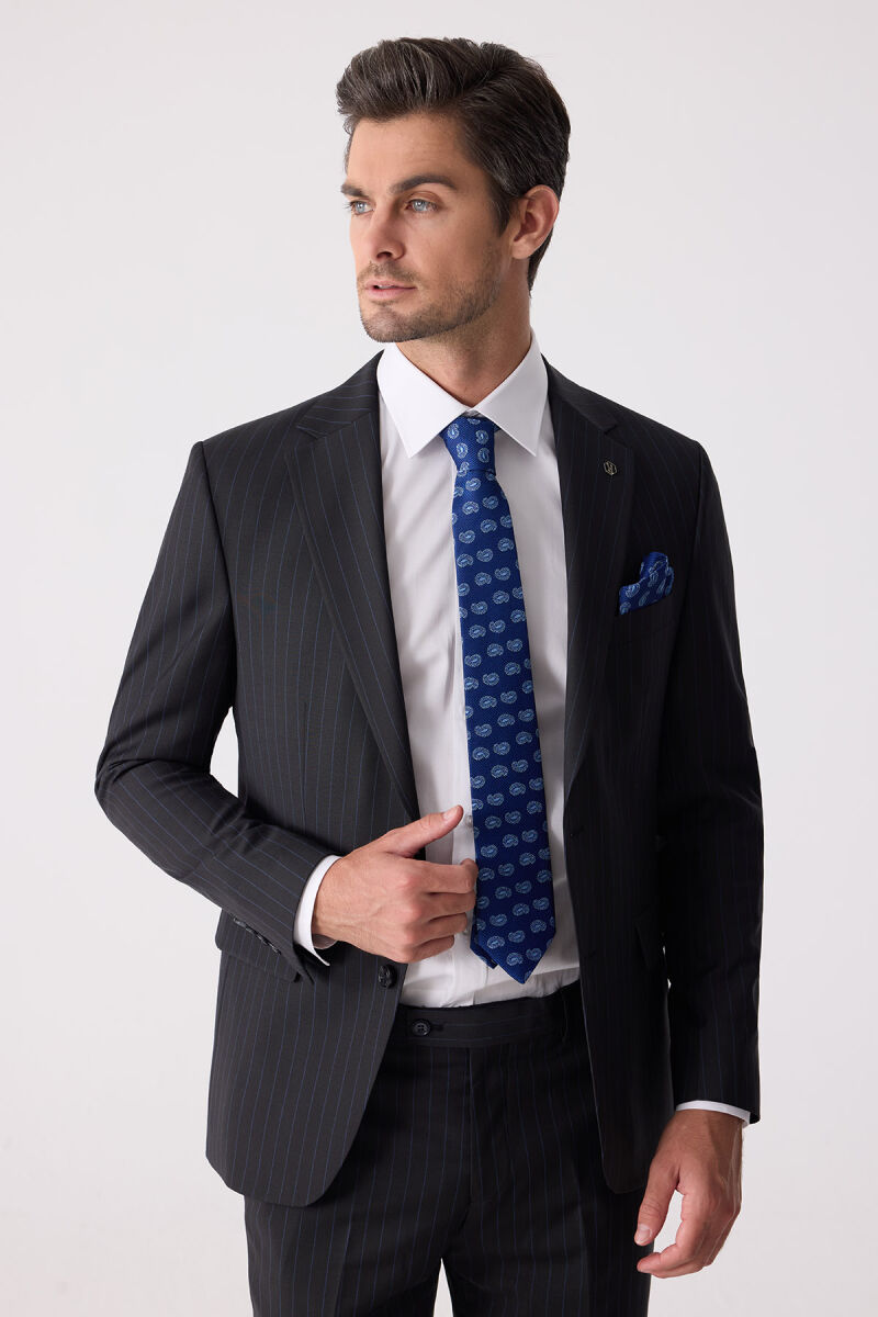 Erkek Siyah Slim Fit Çizgili %100 Yün Takım Elbise - 7