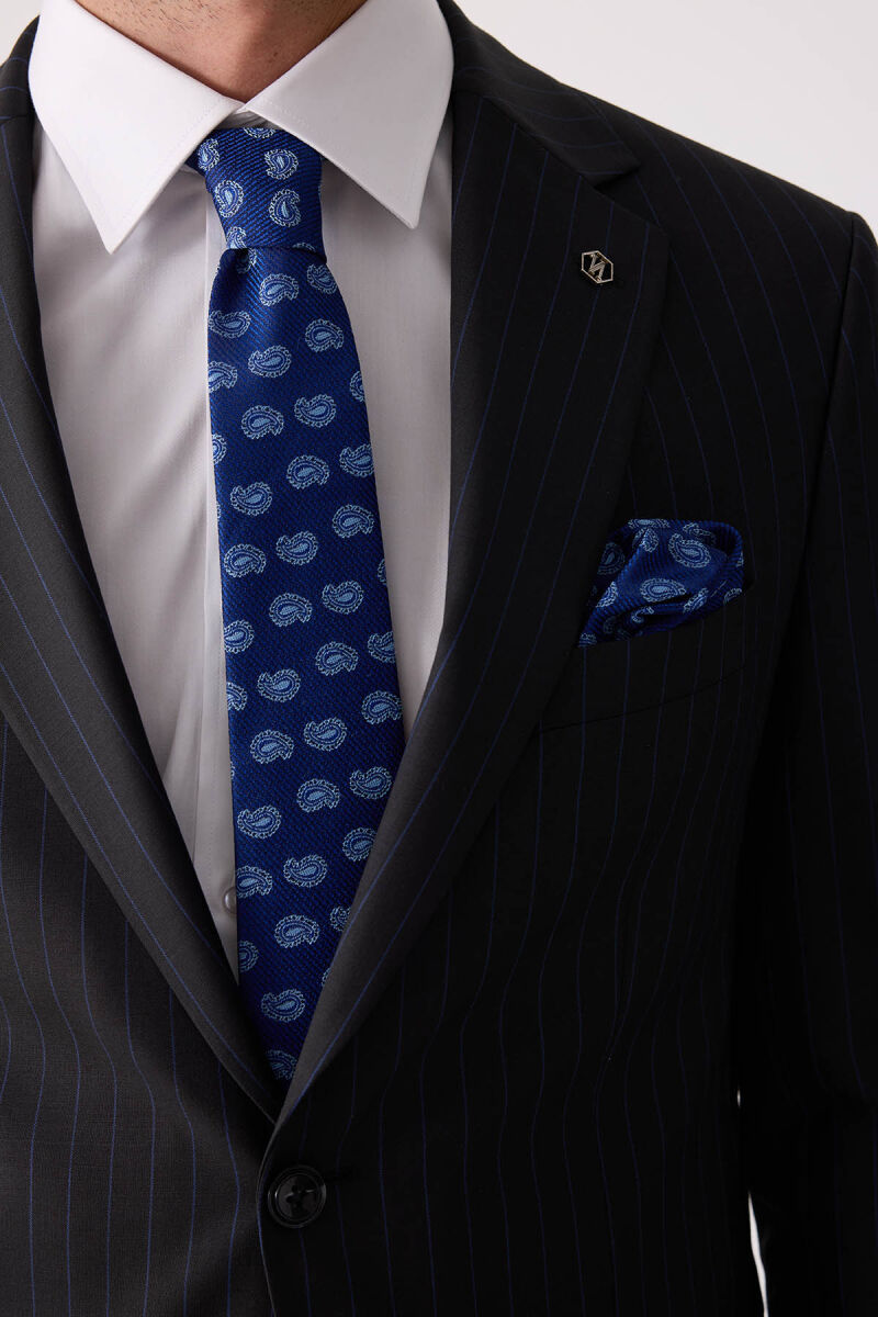 Erkek Siyah Slim Fit Çizgili %100 Yün Takım Elbise - 8