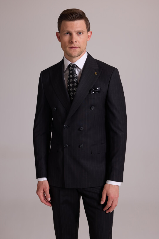 Erkek Siyah Slim Fit Çizgili Kruvaze Yün Takım Elbise