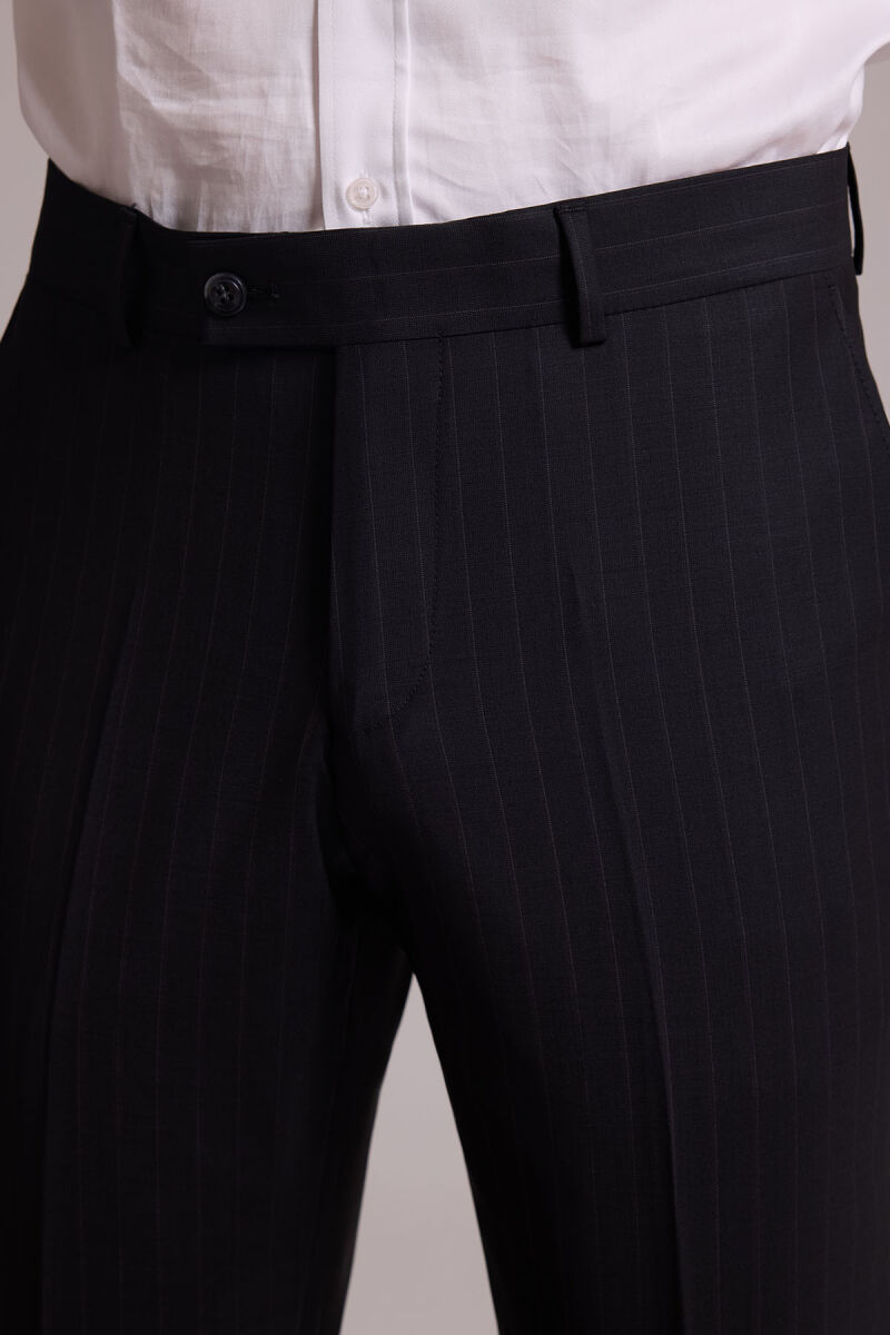 Erkek Siyah Slim Fit Çizgili Kruvaze Yün Takım Elbise - 10