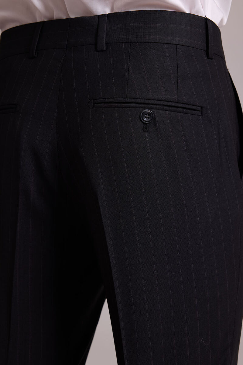 Erkek Siyah Slim Fit Çizgili Kruvaze Yün Takım Elbise - 11