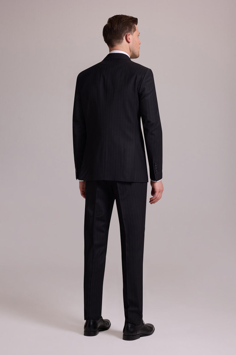 Erkek Siyah Slim Fit Çizgili Kruvaze Yün Takım Elbise - 12