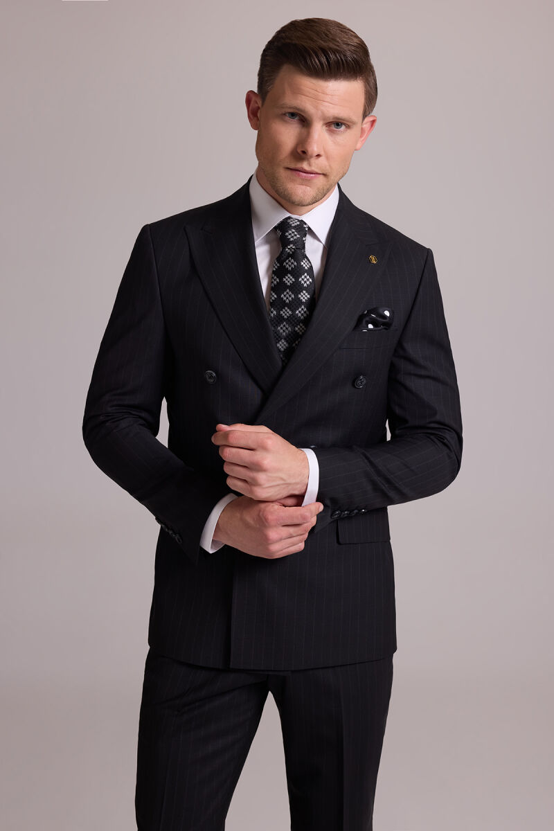 Erkek Siyah Slim Fit Çizgili Kruvaze Yün Takım Elbise - 2