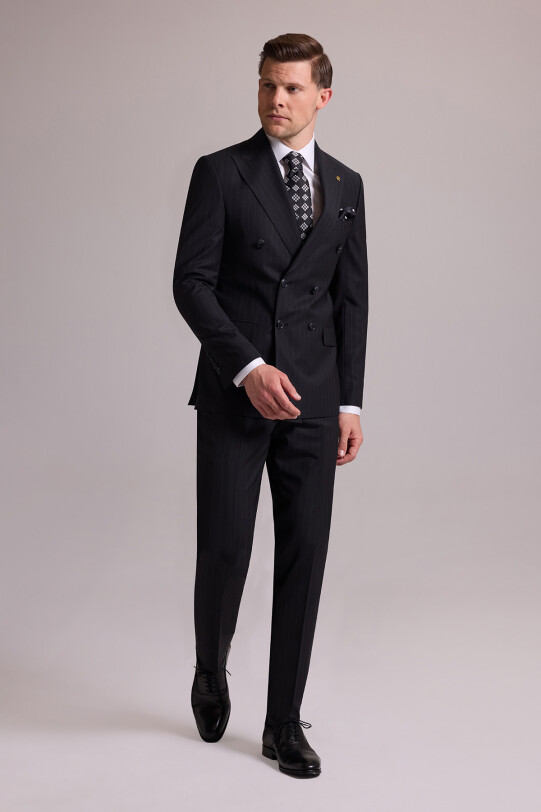 Erkek Siyah Slim Fit Çizgili Kruvaze Yün Takım Elbise