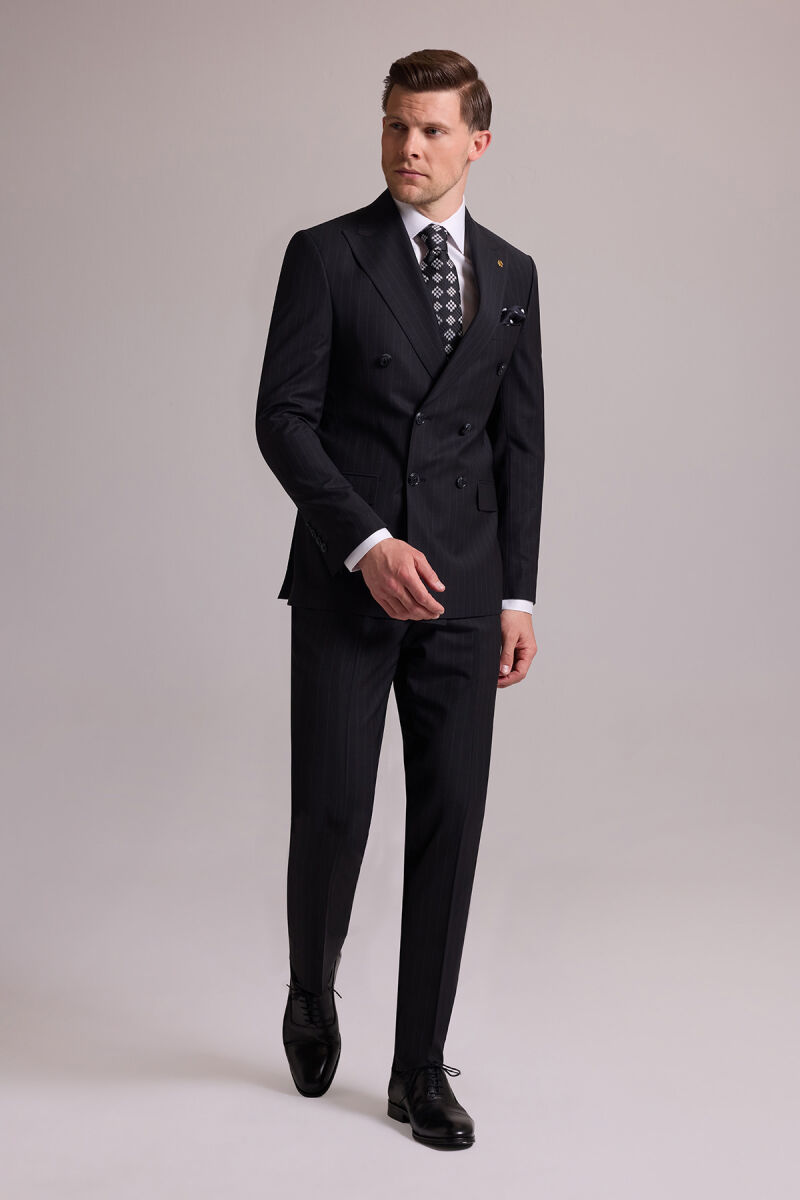 Erkek Siyah Slim Fit Çizgili Kruvaze Yün Takım Elbise - 3