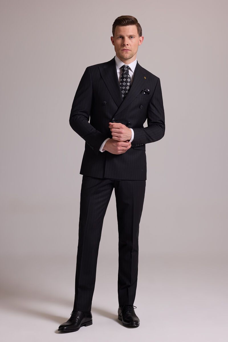 Erkek Siyah Slim Fit Çizgili Kruvaze Yün Takım Elbise - 4