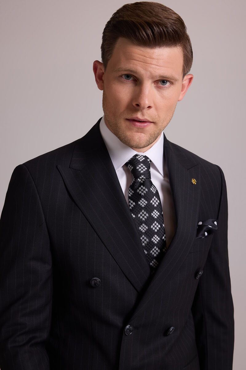 Erkek Siyah Slim Fit Çizgili Kruvaze Yün Takım Elbise - 5