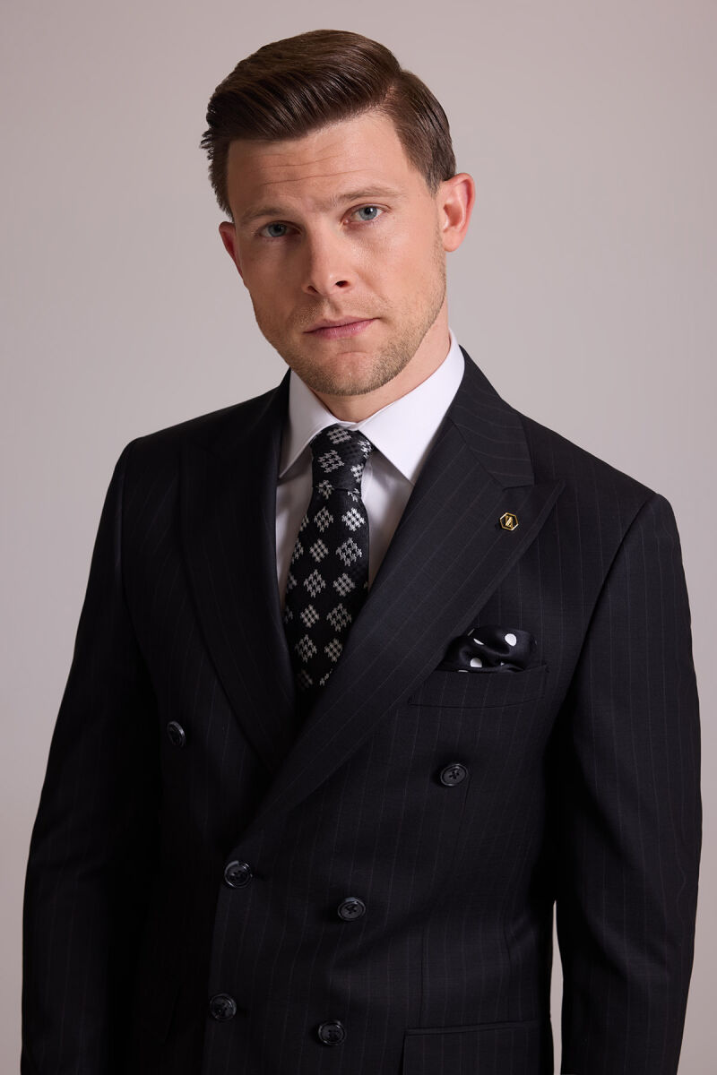 Erkek Siyah Slim Fit Çizgili Kruvaze Yün Takım Elbise - 6
