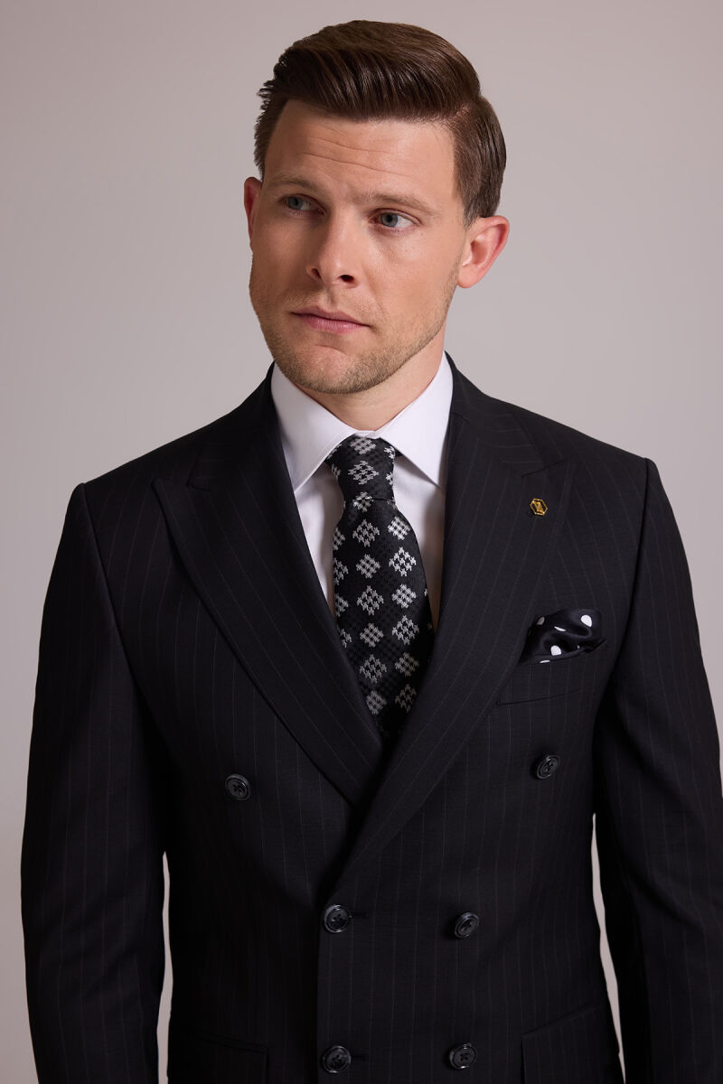 Erkek Siyah Slim Fit Çizgili Kruvaze Yün Takım Elbise - 7