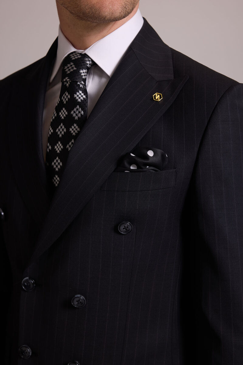 Erkek Siyah Slim Fit Çizgili Kruvaze Yün Takım Elbise - 8