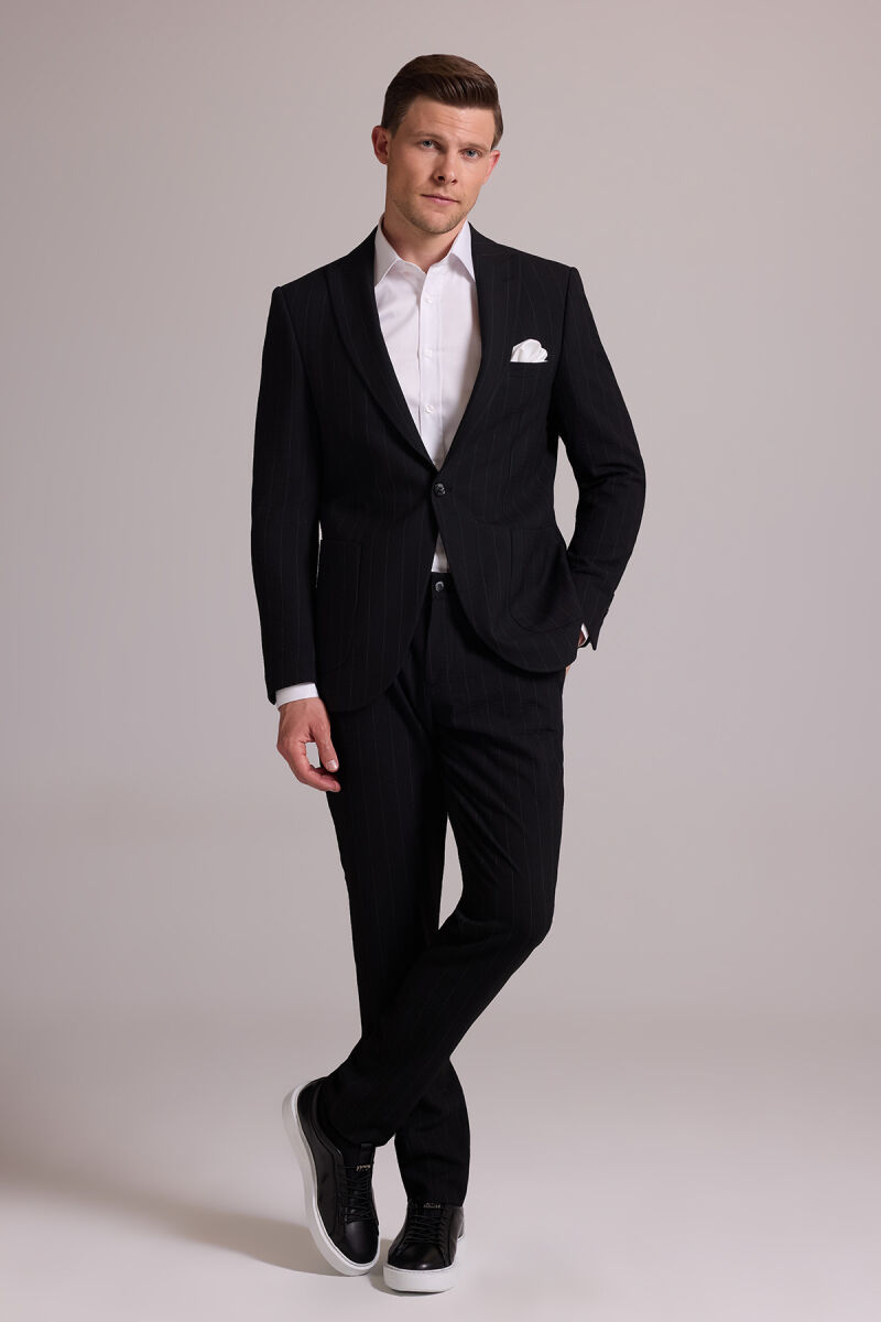 Erkek Siyah Slim Fit Çizgili Tek Düğmeli Jogger Pantolonlu Takım Elbise - 1